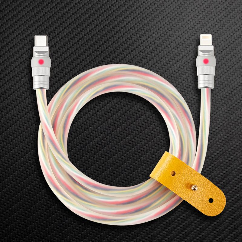 Clear rainbow USB-C to Lightning data cable with yellow wrap