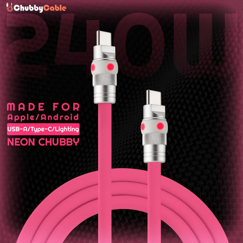 ChubbyCable Neon Chubby pink silicone charging cable for Apple and Android.