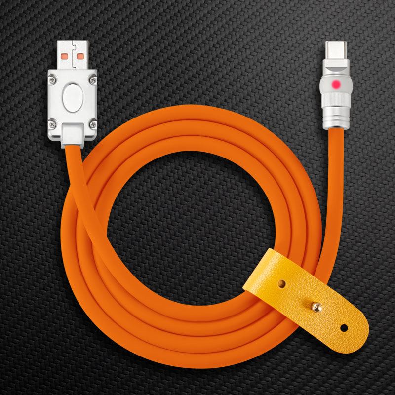 Orange USB to Type-C charging cable with leather organizer strap