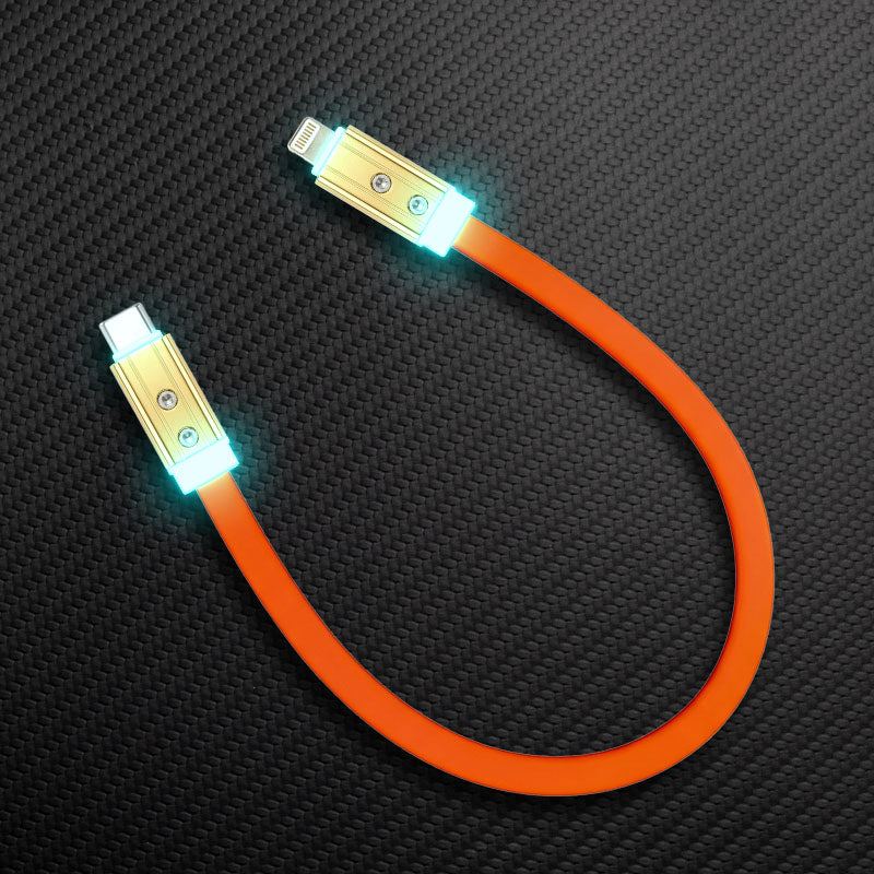 Orange short flat USB C to Lightning silicone charging cable with LED light