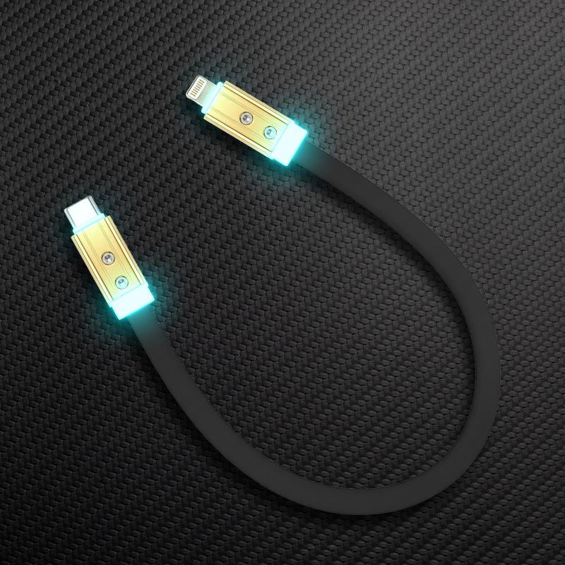 Short black USB-C to Lightning LED glowing charging cable with gold connectors