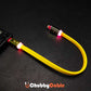 Yellow flexible short USB-C to Lightning cable glowing red connected to power bank