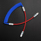 Blue coiled cable with red straight segment and USB-C to Lightning connector