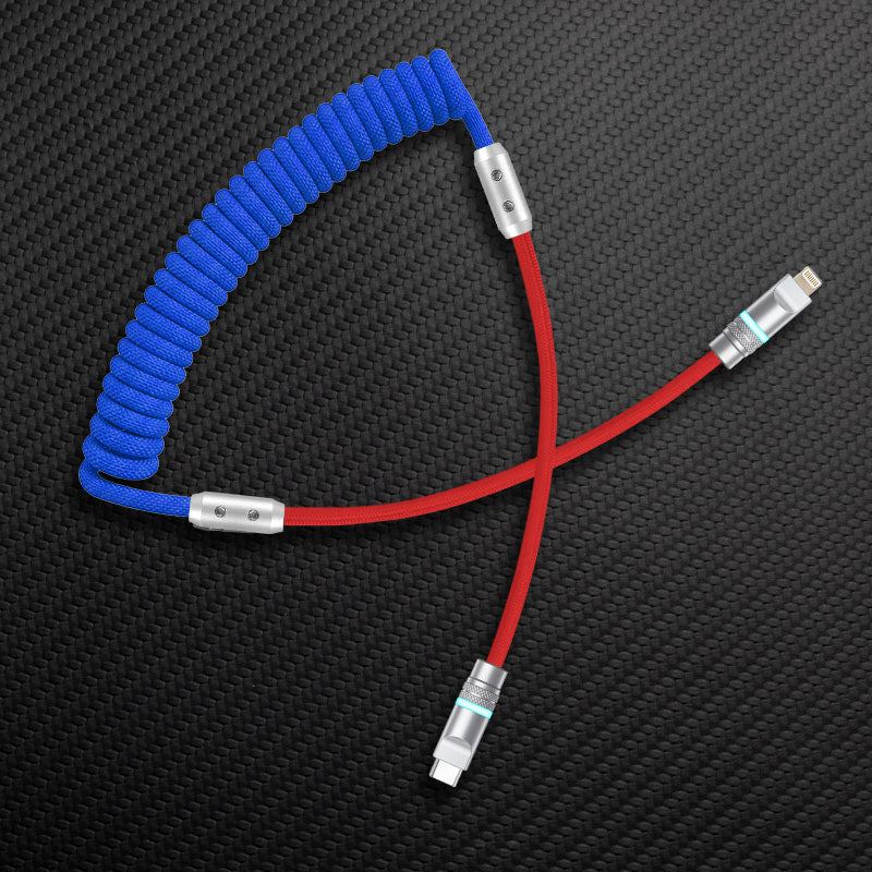 Blue coiled cable with red straight segment and USB-C to Lightning connector