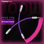 Neon pink 100W coiled USB charging cable