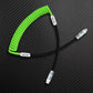 Green coiled cable with black straight segment and USB-C to Lightning connector