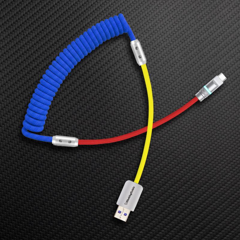 Blue coiled cable with red extension and USB-A to USB-C connector