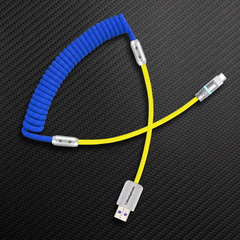 Blue coiled cable with yellow extension and USB-A to USB-C connector