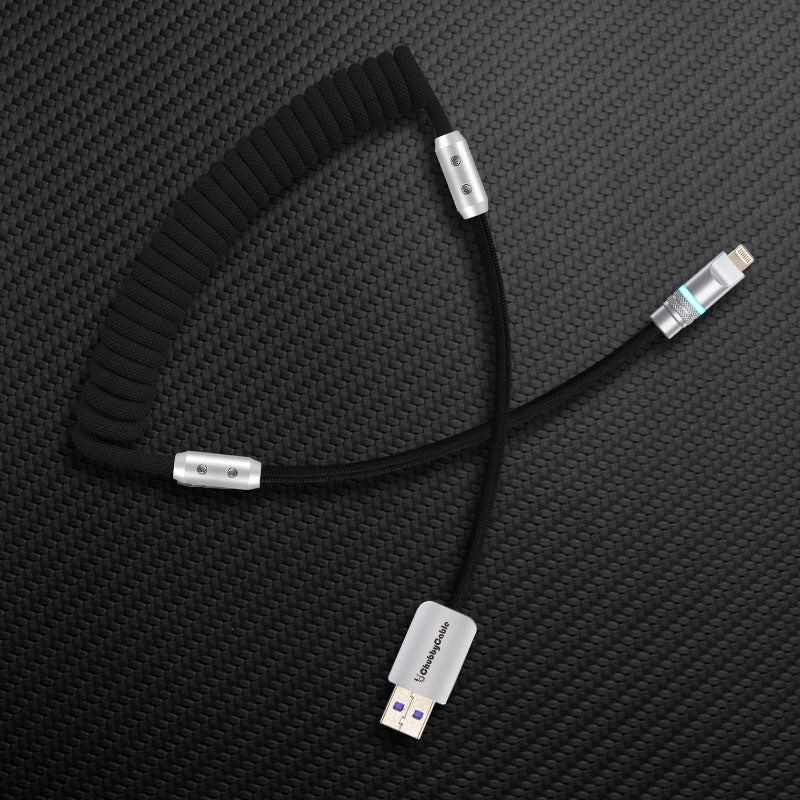 Black coiled cable with USB-A to Lightning connector