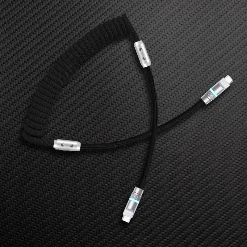 Black coiled USB-C charging cable with LED light