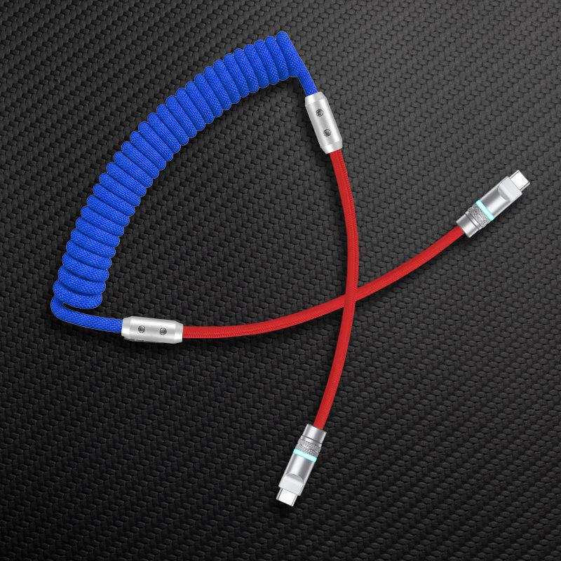 Blue and red coiled USB-C to USB-C charging cable
