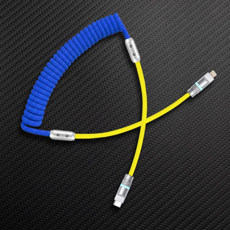 Blue and yellow coiled USB-C to Lightning cable
