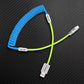 Blue coiled charging cable with lime green straight section