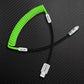 Lime green coiled charging cable with black straight section