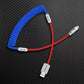 Blue coiled charging cable with red straight section
