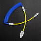 Blue coiled charging cable with yellow straight section