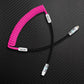 Pink coiled cable with black straight segment and USB-C to Lightning connector