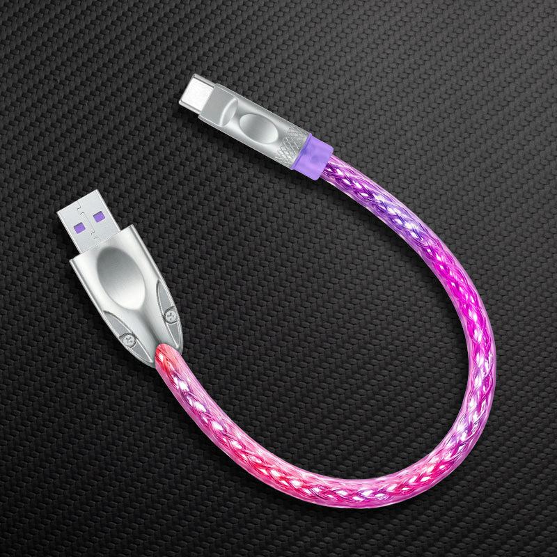 Pink and purple neon glowing USB-A to Lightning charging cable.