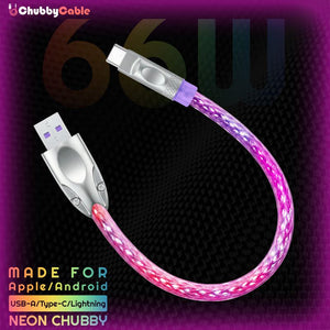 Pink and purple neon glowing USB-A to Lightning charging cable.