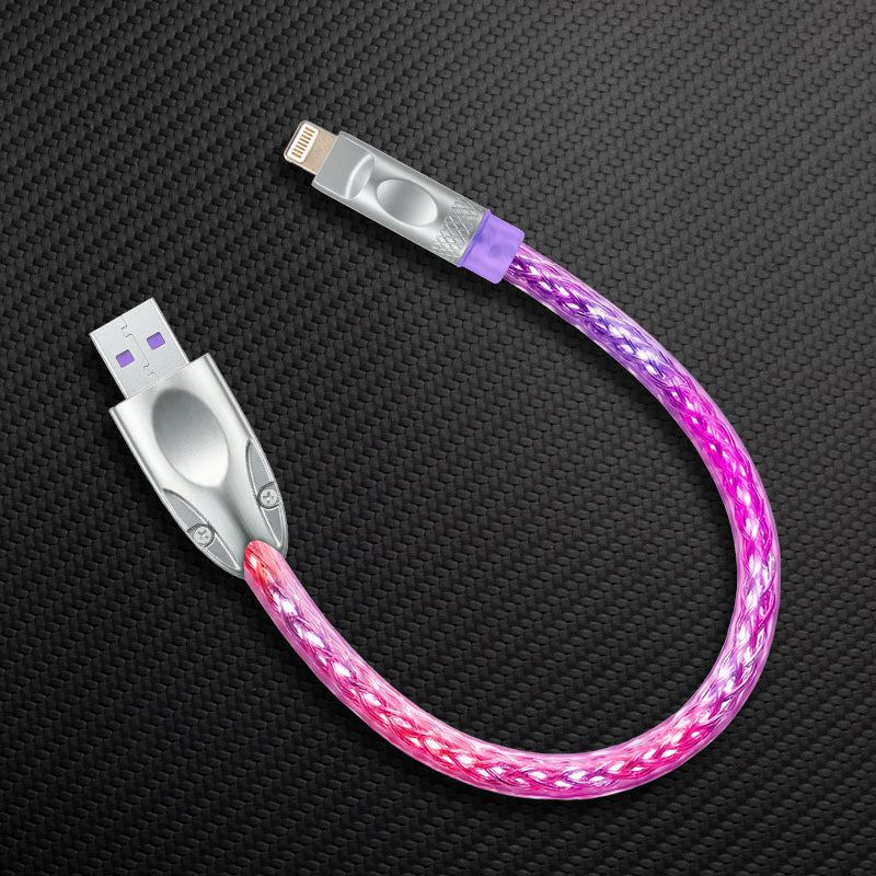 Pink and purple neon glowing USB-A to Lightning charging cable.