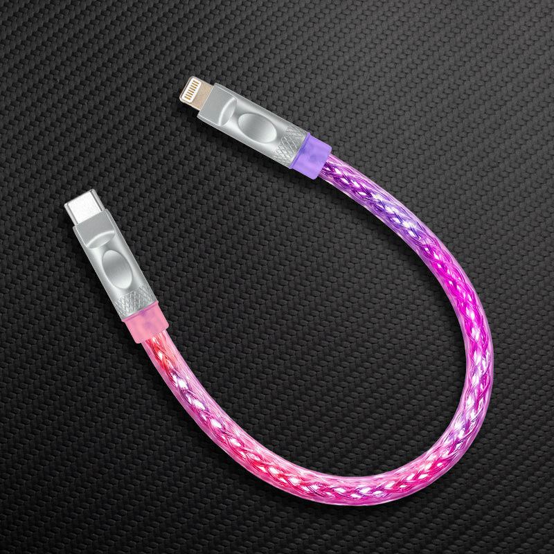Pink and purple gradient glowing USB-C to Lightning braided short cable.