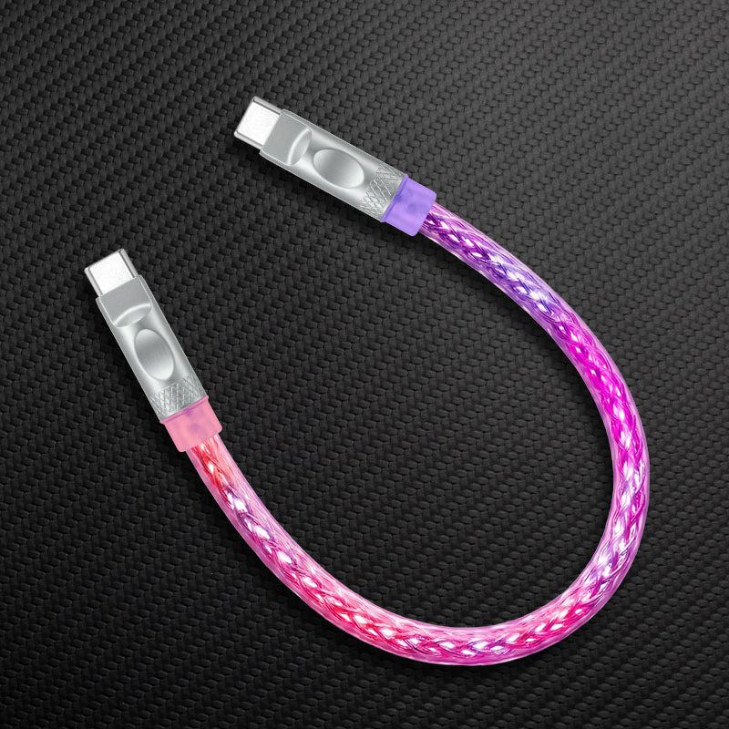 Pink and purple gradient glowing USB-C to Lightning braided short cable.