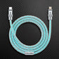 Silver Type-C to Lightning glowing braided charging cable coiled on black background.