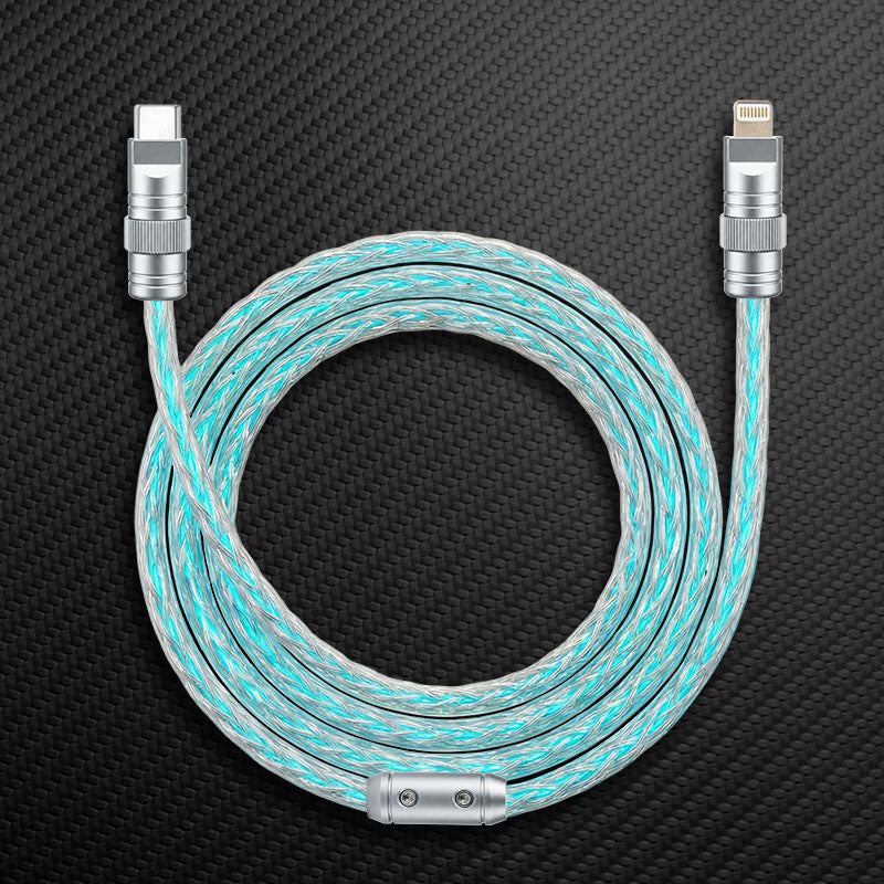 Silver Type-C to Lightning glowing braided charging cable coiled on black background.