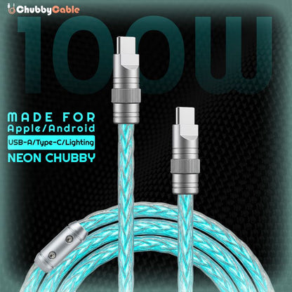 Neon Chubby 100W braided charging cable for Apple and Android promotional banner.