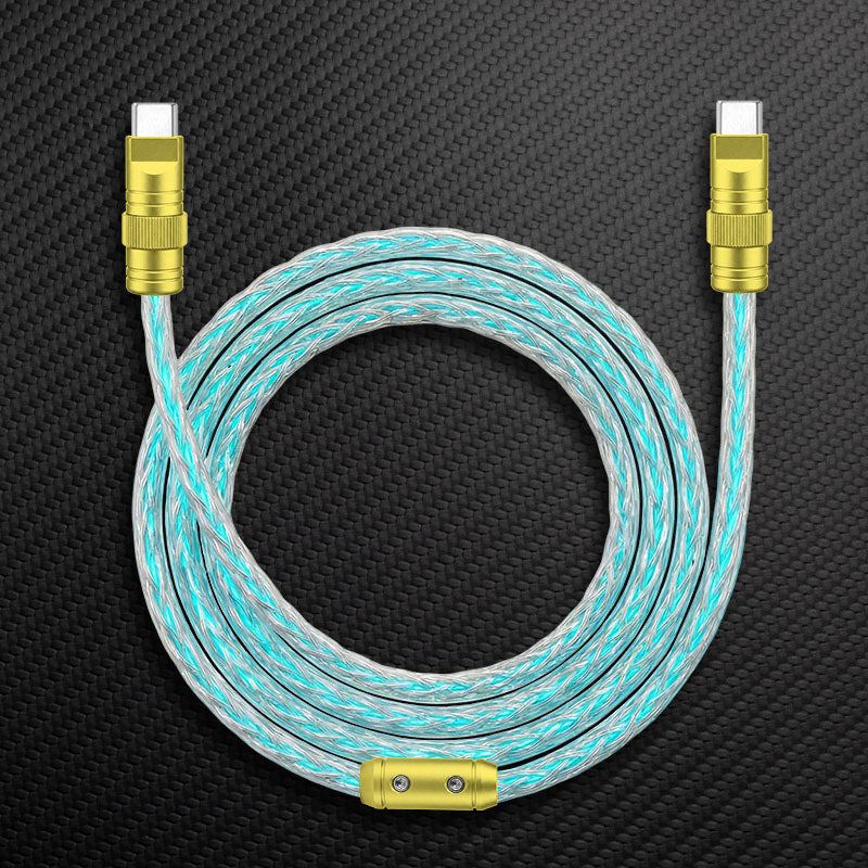 Gold dual Type-C glowing braided fast charging cable coiled on black background.