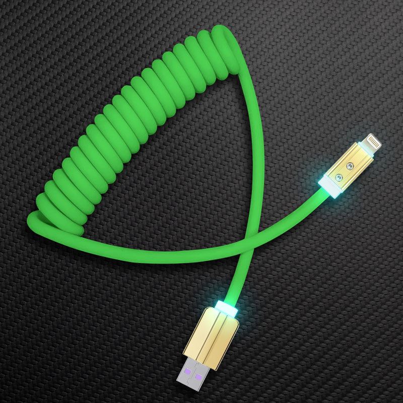 Green coiled USB-A to Lightning charging cable