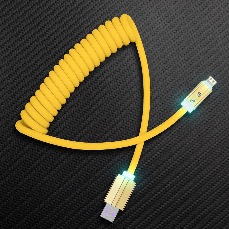 Yellow coiled USB-A to Lightning charging cable