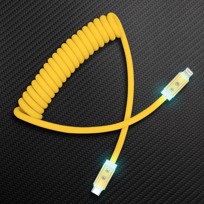 Yellow coiled USB-A to Lightning charging cable