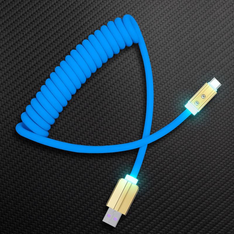 Blue coiled USB-A to USB-C charging cable