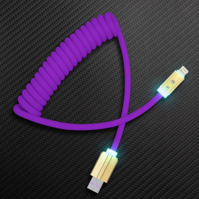 Purple coiled USB-A to Lightning charging cable with LED light