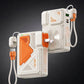 Two white and orange portable power banks with integrated charging cables.