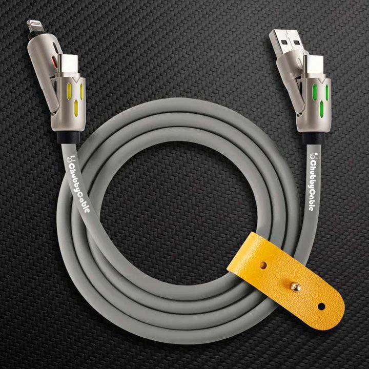 ChubbyCable gray multi-connector charging cable with yellow leather wrap