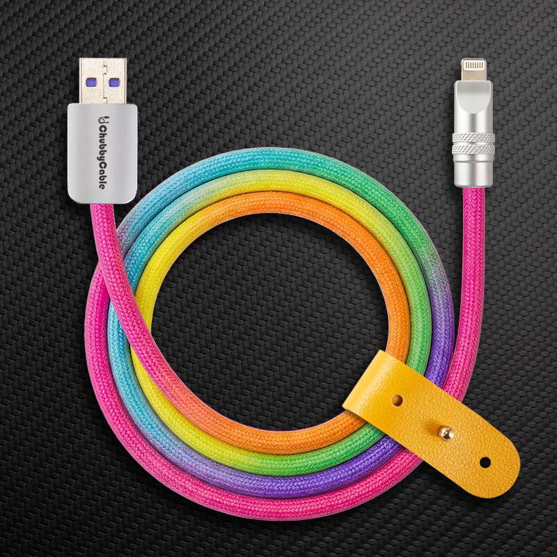 Coiled rainbow USB-A to Lightning charging cable with a yellow leather strap.