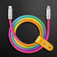 Coiled rainbow USB-C to Lightning cable with a yellow leather strap.