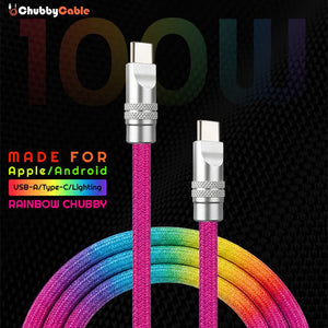 ChubbyCable 100W rainbow gradient braided USB-C cable promotional banner.