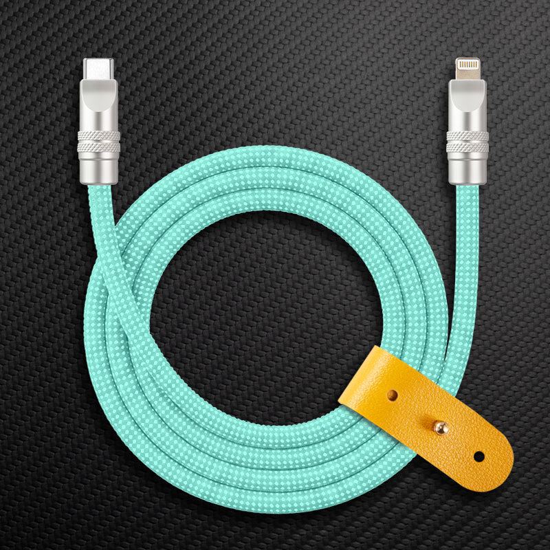 Mint green braided USB-C to Lightning cable with leather organizer