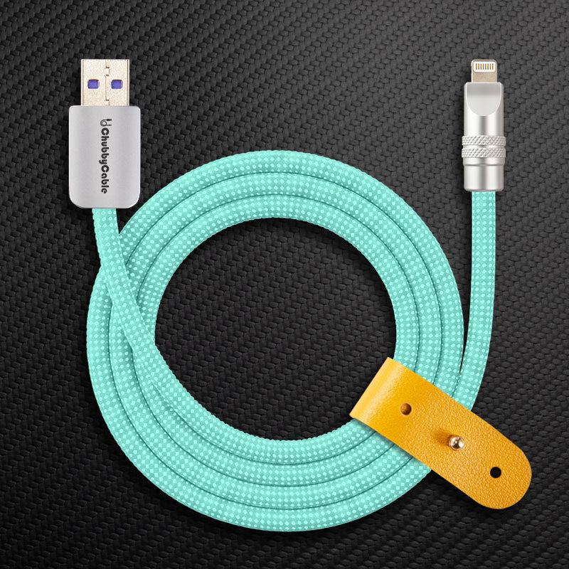 Mint green polka dot braided USB-A to Lightning ChubbyCable charger cord