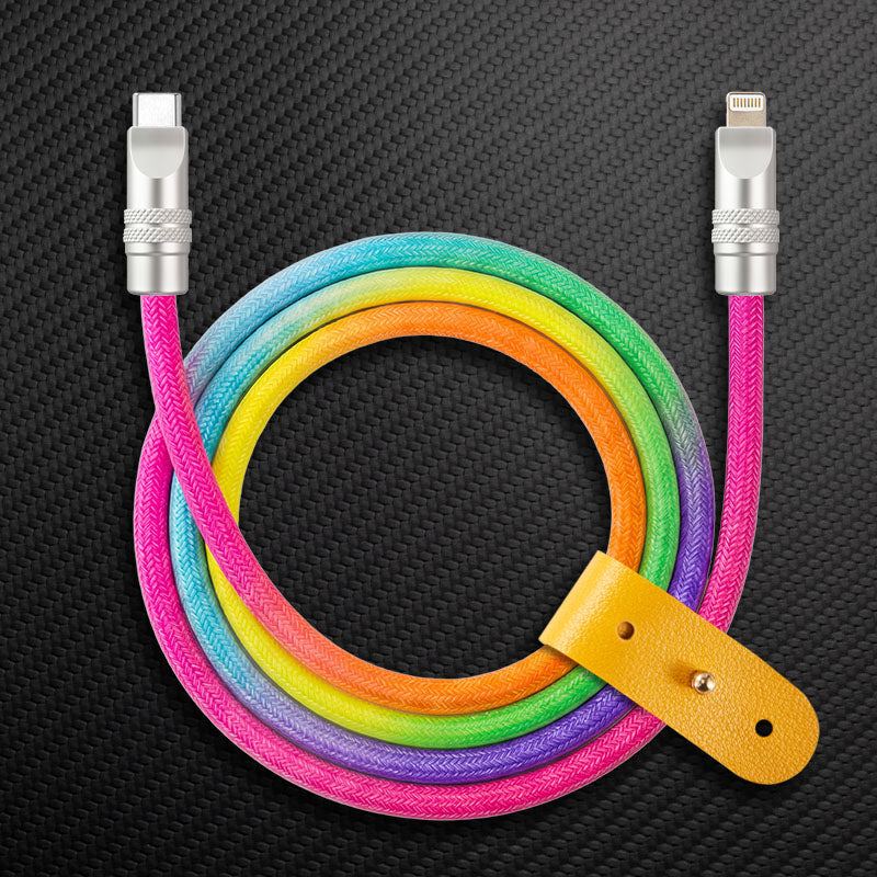 Rainbow braided USB-C to Lightning cable with leather strap organizer