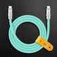 Mint green braided dual USB-C charging cable with yellow leather organizer.