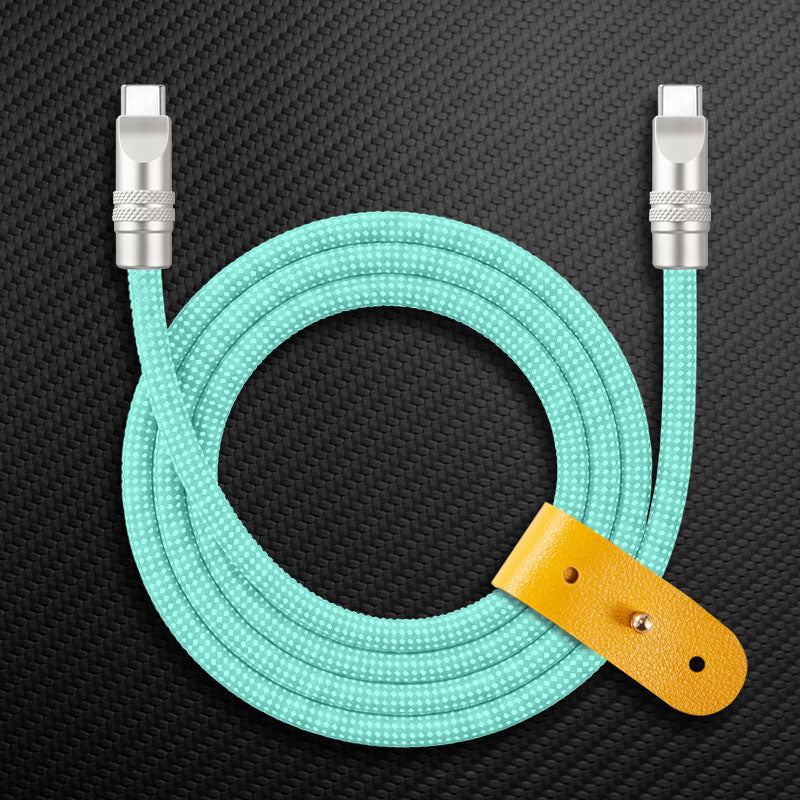 Mint green braided dual USB-C charging cable with yellow leather organizer.