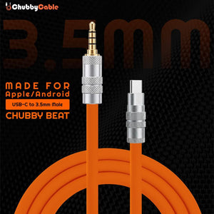 Chubby Beat orange USB-C to 3.5mm male audio aux cable for Apple and Android.