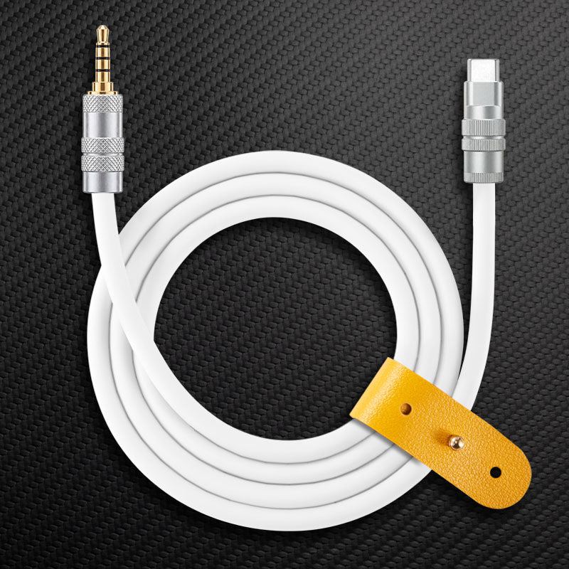 White 3.5mm jack to USB-C premium audio cable with leather strap