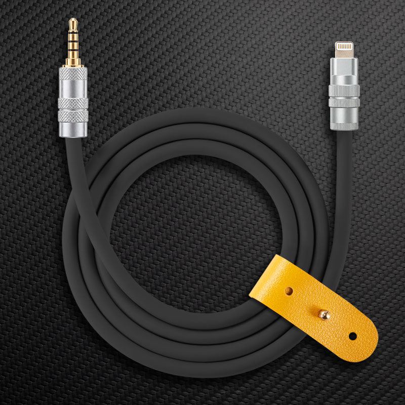 Black Lightning to 3.5mm audio aux cable with yellow leather strap
