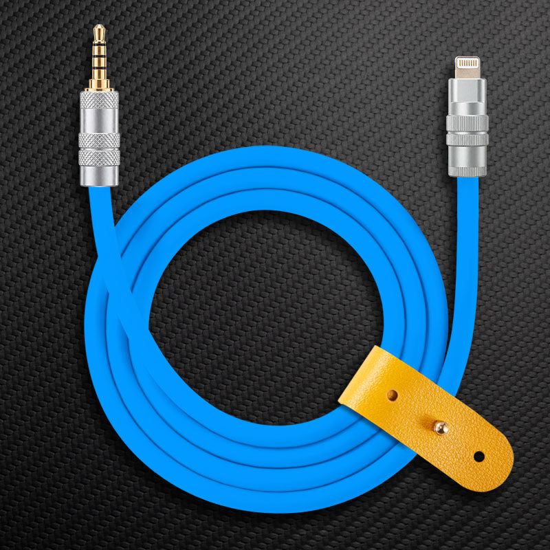Blue Lightning to 3.5mm audio aux cable with yellow leather strap