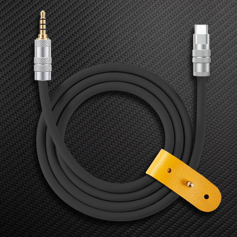Matte black 3.5mm to USB-C car aux audio cable with yellow strap